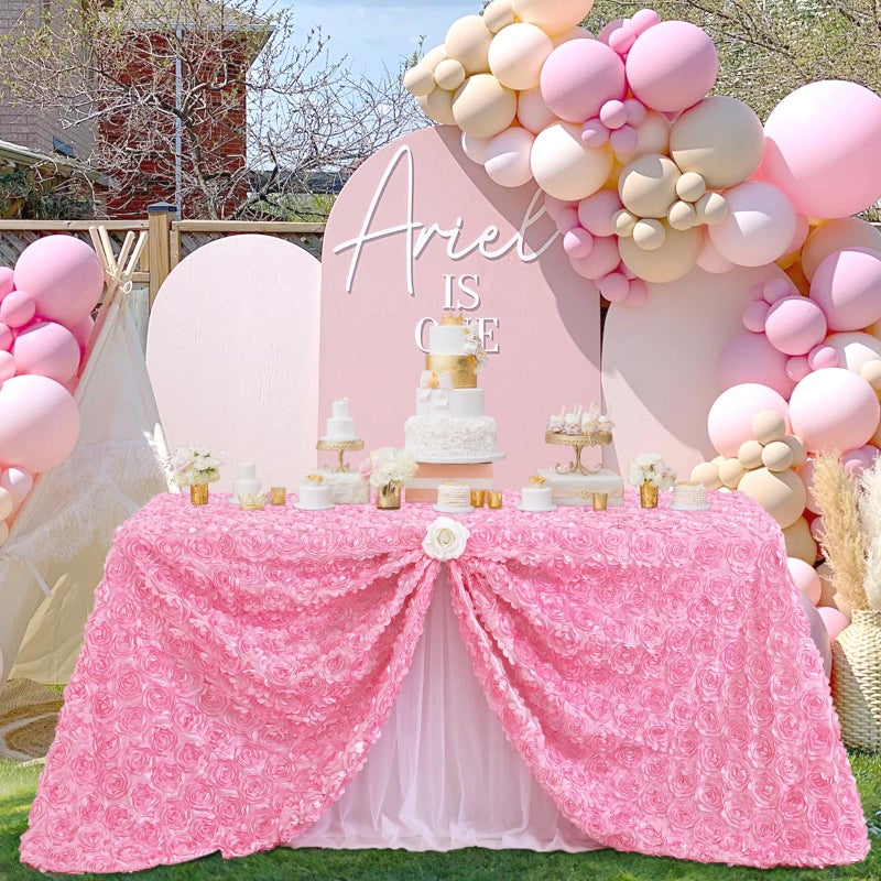 Fanqisi Pink Rosette Tablecloths 90 x 132 Inches Baby Shower Decorations for Girls Birthday Party Dinner Cake Table Top Decor - Image 1